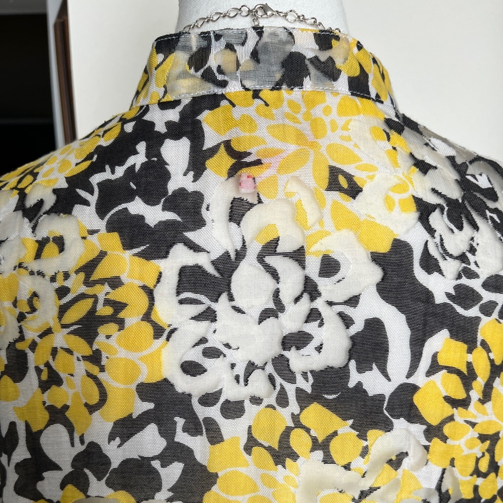 Ruby Rd. Floral Blouse in Yellow and Gray, sheer, long sleeve, front buttons - Picture 4 of 14